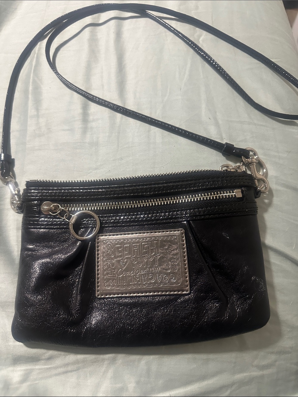 Coach Poppy Black Leather Crossbody with Silver Patch and Zip Accents